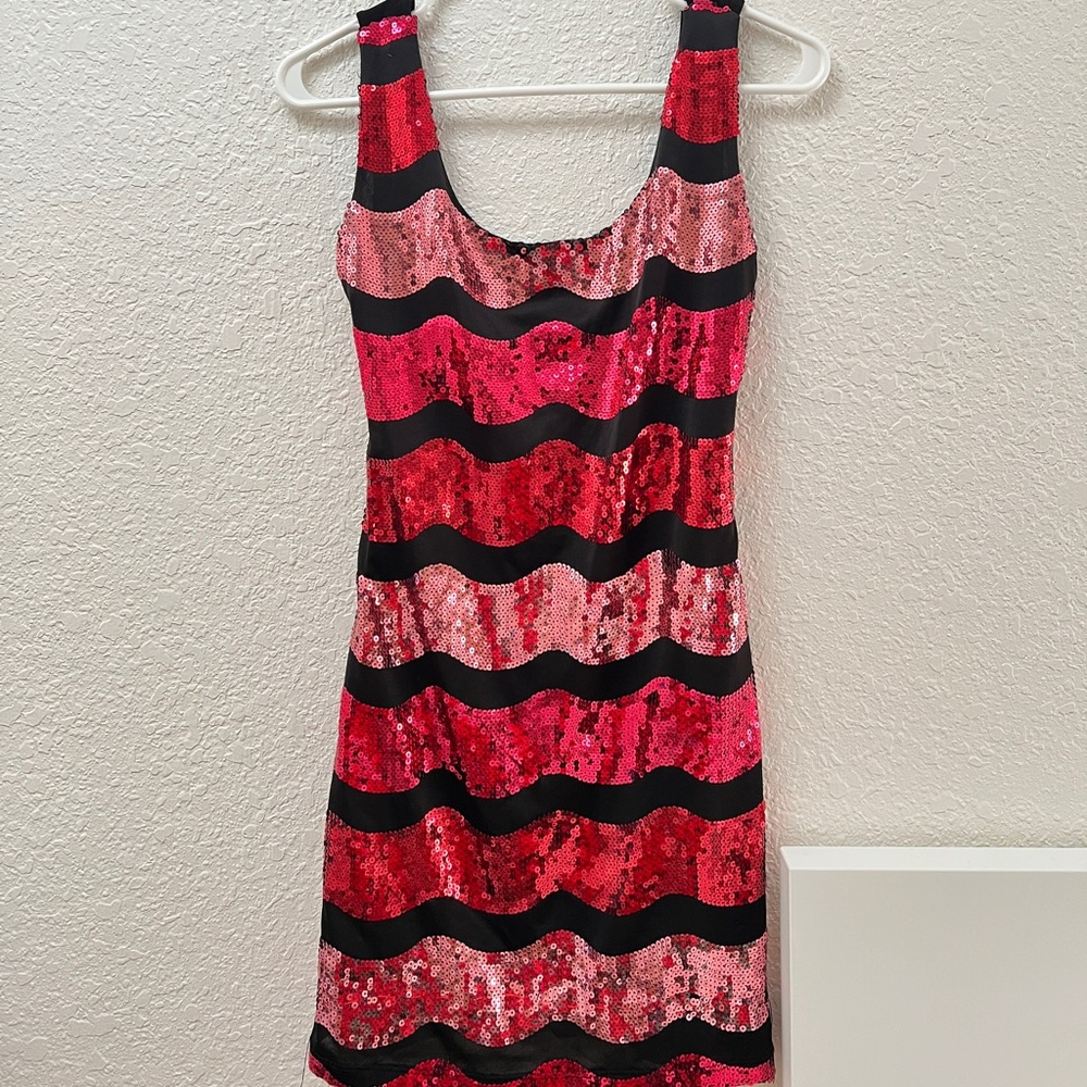Sequin Striped Mini Dress - Red and Black